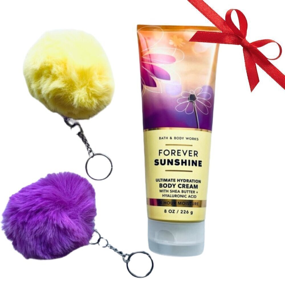 NEW Bath & Body Works Forever Sunshine Body Cream (8 oz) + 2 Pompom Keychains